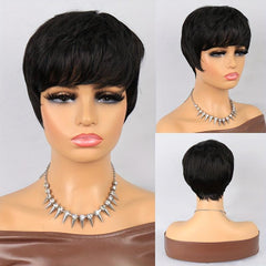 Short Pixie Cut Dark Green Brown Gray Wig Bangs Layered Gluless Wavy Short Wig