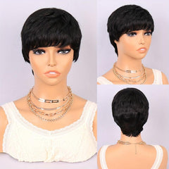Short Pixie Cut Dark Green Brown Gray Wig Bangs Layered Gluless Wavy Short Wig