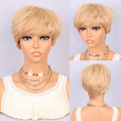 Short Pixie Cut Dark Green Brown Gray Wig Bangs Layered Gluless Wavy Short Wig