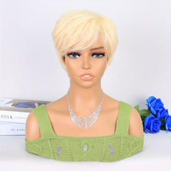 Short Pixie Cut Dark Green Brown Gray Wig Bangs Layered Gluless Wavy Short Wig