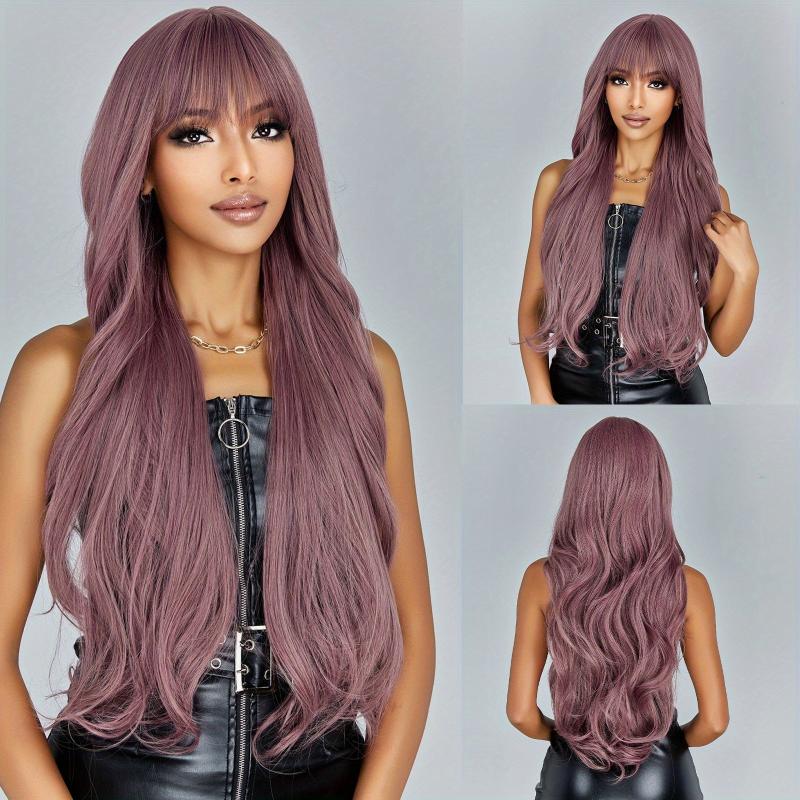 Brown Mixed Blonde Long Wavy Curly Hair Wig with Bangs for Women Girls