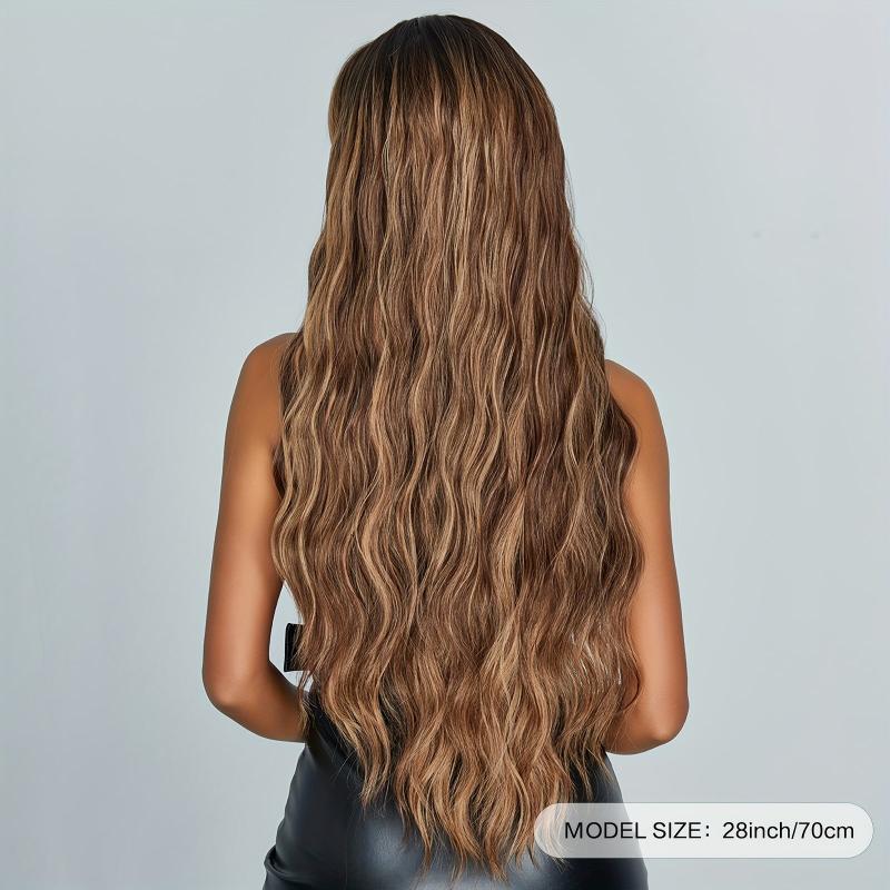 Brown Mixed Blonde Long Wavy Curly Hair Wig with Bangs for Women Girls