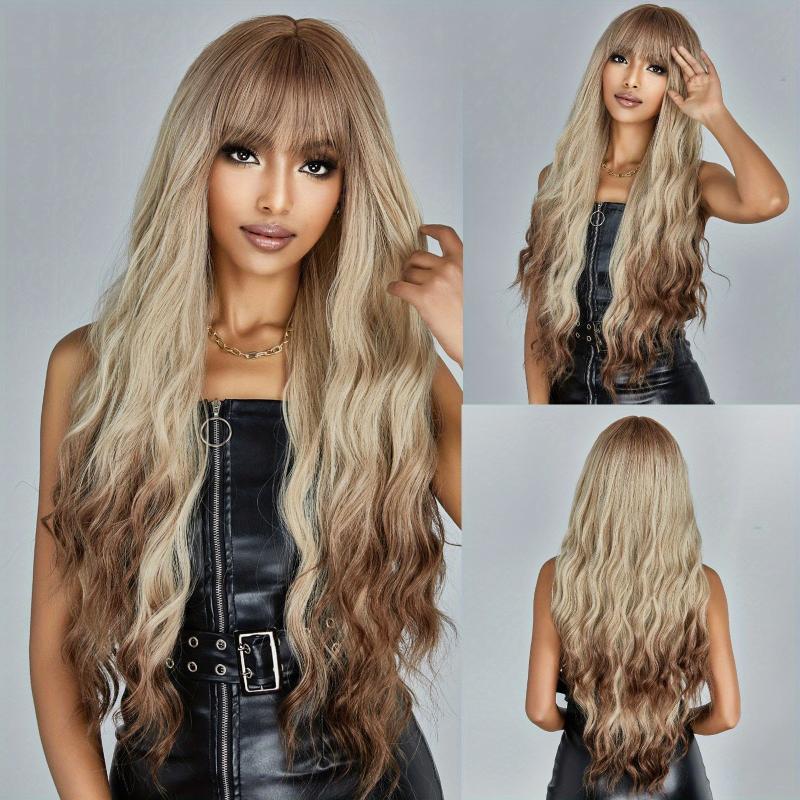 Brown Mixed Blonde Long Wavy Curly Hair Wig with Bangs for Women Girls