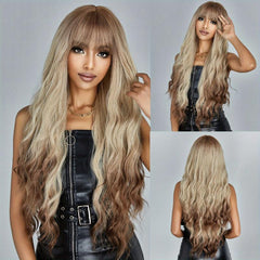 Brown Mixed Blonde Long Wavy Curly Hair Wig with Bangs for Women Girls