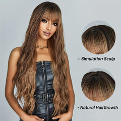 Brown Mixed Blonde Long Wavy Curly Hair Wig with Bangs for Women Girls