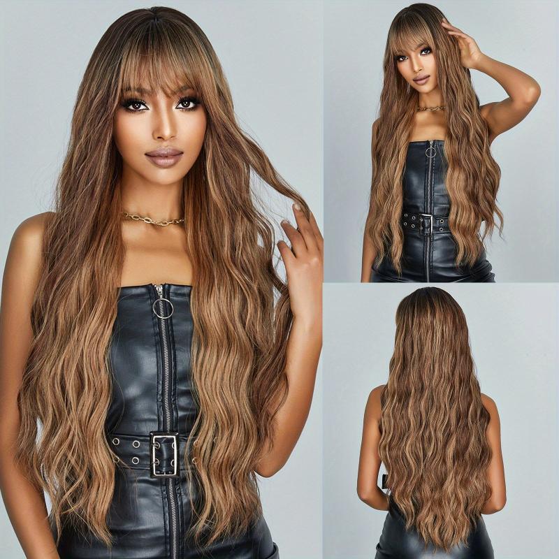 Brown Mixed Blonde Long Wavy Curly Hair Wig with Bangs for Women Girls