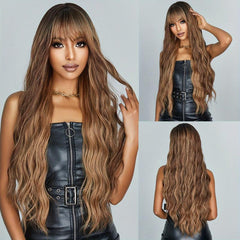 Brown Mixed Blonde Long Wavy Curly Hair Wig with Bangs for Women Girls