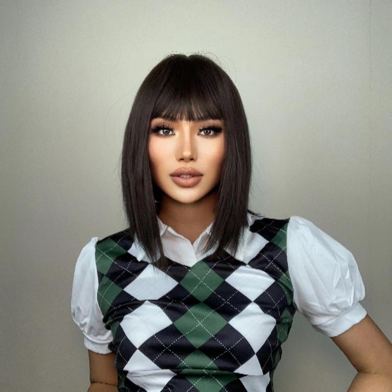 Burgundy Straight Hair Wig With Bangs Synthetic Hairpiece