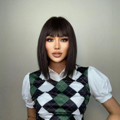 Burgundy Straight Hair Wig With Bangs Synthetic Hairpiece