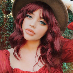 Curly Bob Wig With Bangs Short Bob Wavy Hair Wigs Wine Red