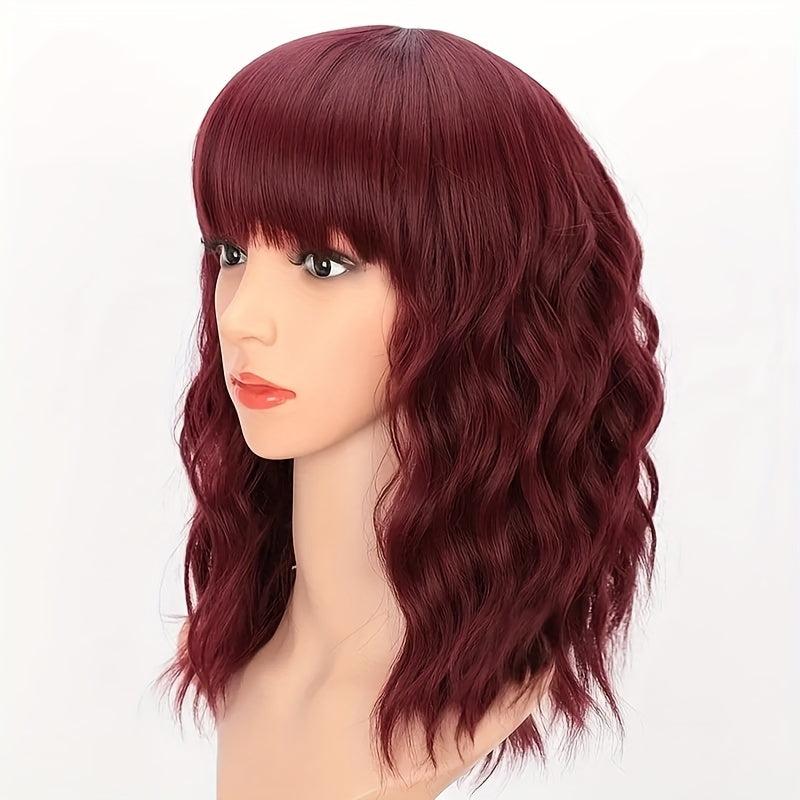 Curly Bob Wig With Bangs Short Bob Wavy Hair Wigs Wine Red