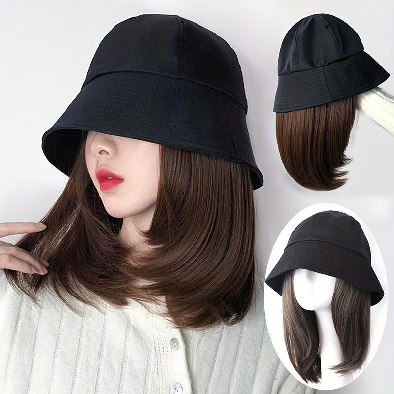 Straight Hair Wig With Bucket Hat - Natural Shoulder Length Hair Wig