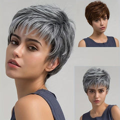 Brown Mixed Silk Short Hair Synthetic Wigs With Bangs For Women