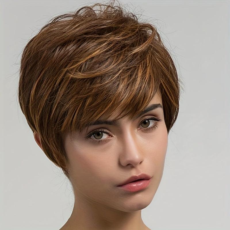 Brown Mixed Silk Short Hair Synthetic Wigs With Bangs For Women