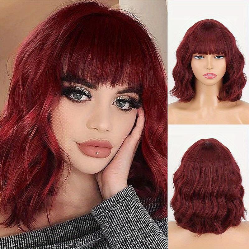 Short Curly Wavy Hair Wigs With Bangs 35 56 Cm Shoulder Length Bob Wigs