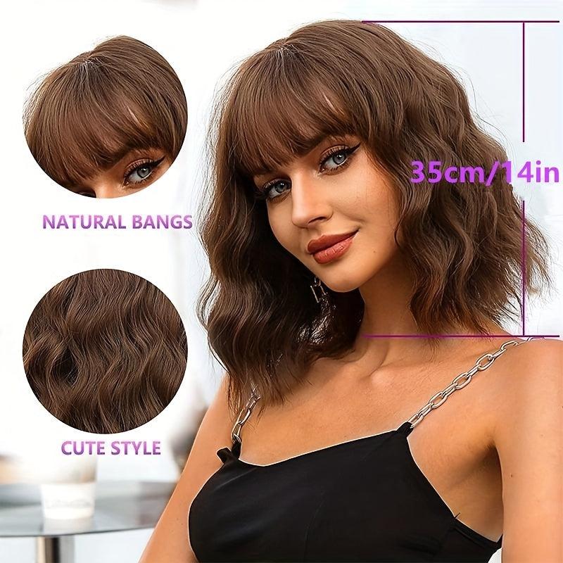 Short Curly Wavy Hair Wigs With Bangs 35 56 Cm Shoulder Length Bob Wigs