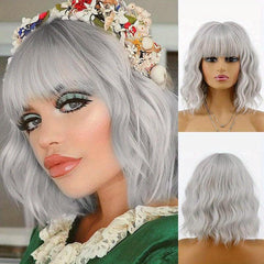 Short Curly Wavy Hair Wigs With Bangs 35 56 Cm Shoulder Length Bob Wigs