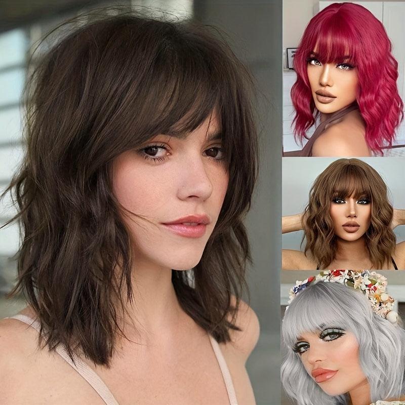 Short Curly Wavy Hair Wigs With Bangs 35 56 Cm Shoulder Length Bob Wigs