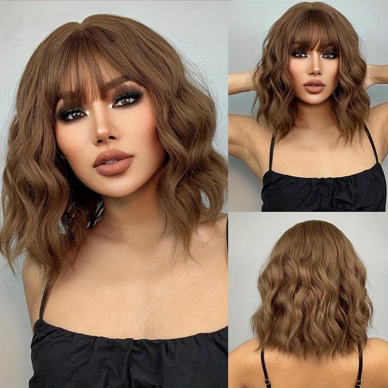 Short Curly Wavy Hair Wigs With Bangs 35 56 Cm Shoulder Length Bob Wigs