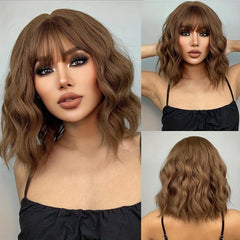 Short Curly Wavy Hair Wigs With Bangs 35 56 Cm Shoulder Length Bob Wigs