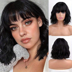 Short Curly Wavy Hair Wigs With Bangs 35 56 Cm Shoulder Length Bob Wigs