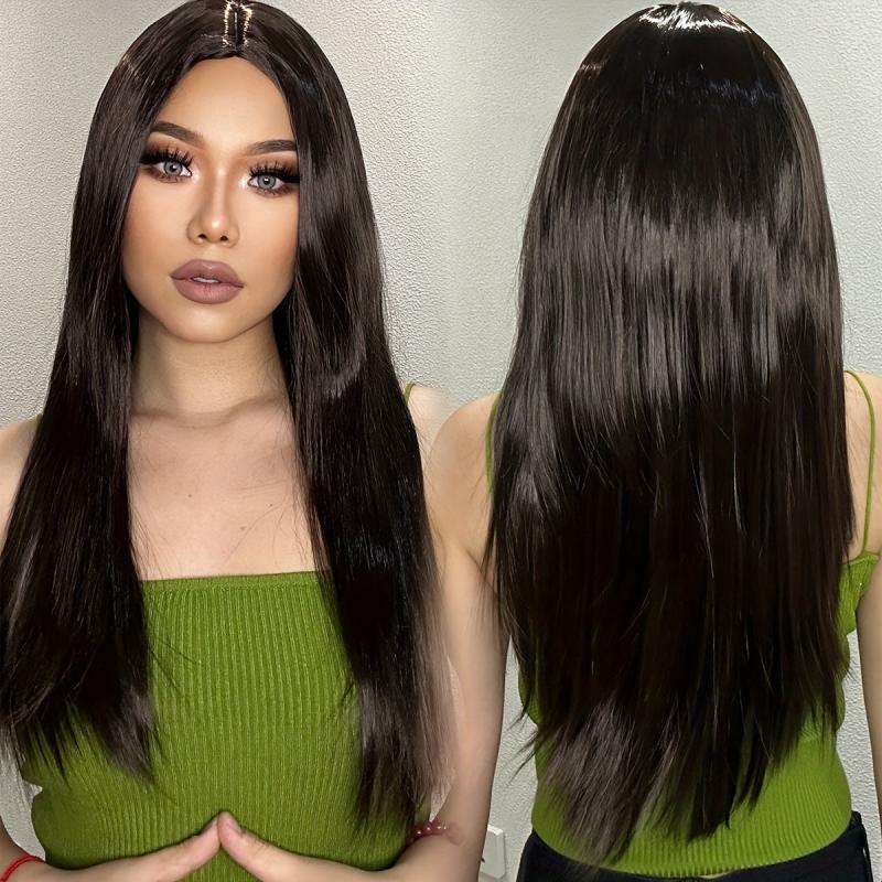 Dark Brown Long Curly Hair Wigs Synthetic Fiber Hair Replacement Wigs For Women