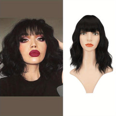 35 56 Cm Colored Short Wavy Wig With Bangs Natural Bob Look Synthetic Fibre Wig