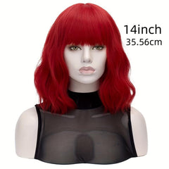 35 56 Cm Colored Short Wavy Wig With Bangs Natural Bob Look Synthetic Fibre Wig
