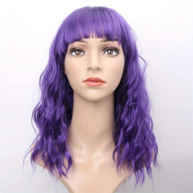35 56 Cm Colored Short Wavy Wig With Bangs Natural Bob Look Synthetic Fibre Wig