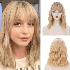 35 56 Cm Colored Short Wavy Wig With Bangs Natural Bob Look Synthetic Fibre Wig