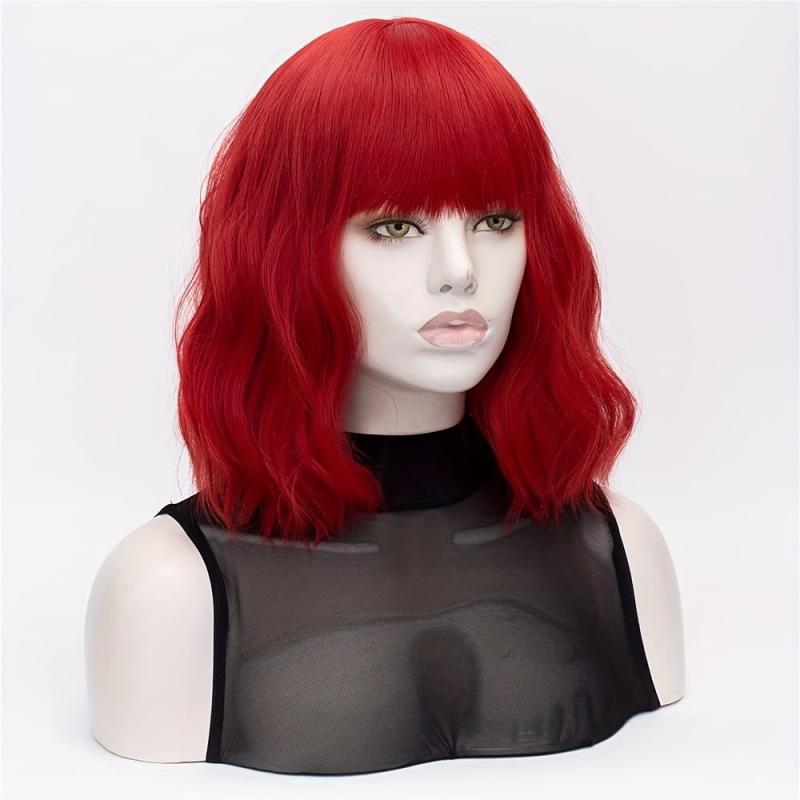 35 56 Cm Colored Short Wavy Wig With Bangs Natural Bob Look Synthetic Fibre Wig