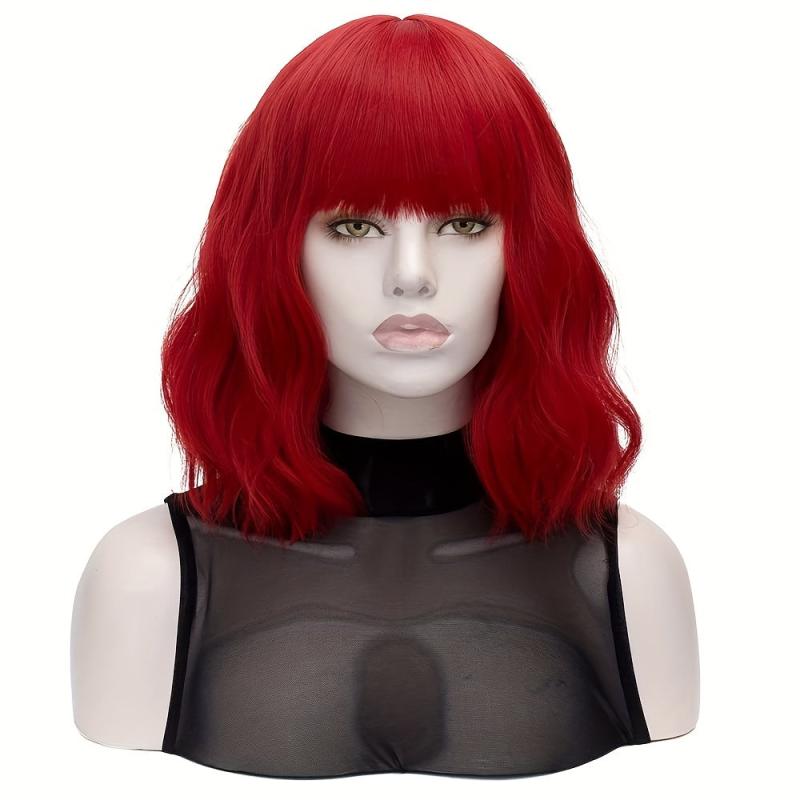 35 56 Cm Colored Short Wavy Wig With Bangs Natural Bob Look Synthetic Fibre Wig