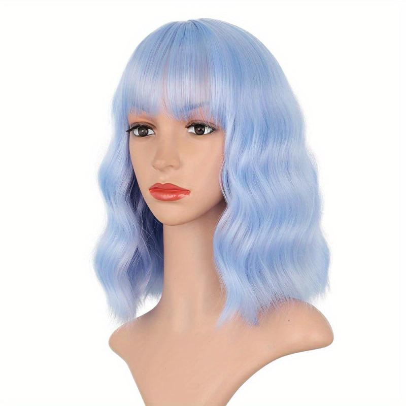 Purple Short Curly Wavy Bob Wig for Women Synthetic Cosplay Party Wig with Bangs