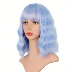 Purple Short Curly Wavy Bob Wig for Women Synthetic Cosplay Party Wig with Bangs
