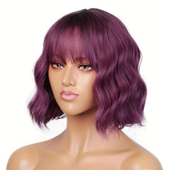 Purple Short Curly Wavy Bob Wig for Women Synthetic Cosplay Party Wig with Bangs