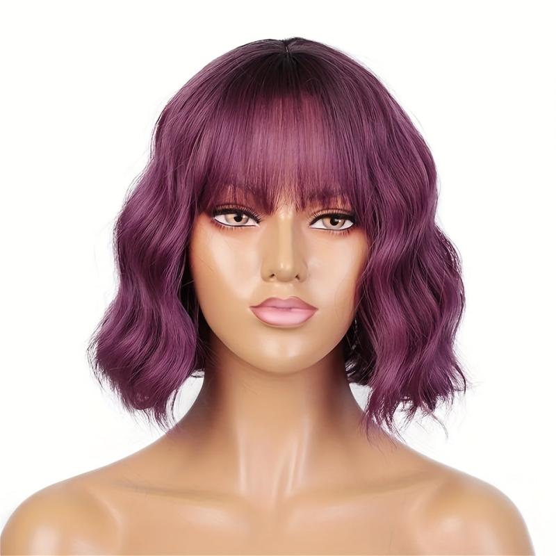 Purple Short Curly Wavy Bob Wig for Women Synthetic Cosplay Party Wig with Bangs