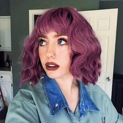 Purple Short Curly Wavy Bob Wig for Women Synthetic Cosplay Party Wig with Bangs
