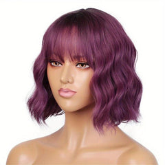Purple Short Curly Wavy Bob Wig for Women Synthetic Cosplay Party Wig with Bangs