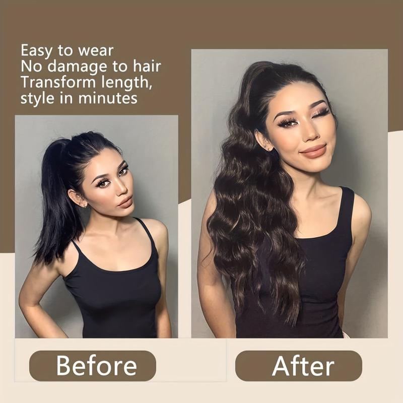 Wavy Hair Extensions Drawstring Clip Body Wave Ponytail Synthetic 60-96 cm