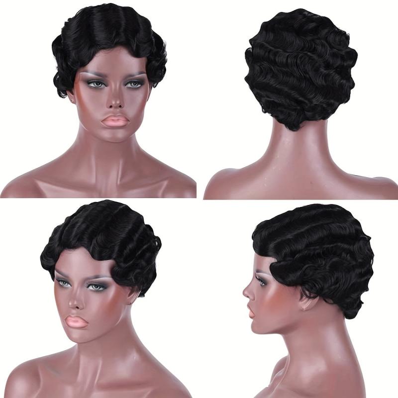 15 24 Cm Short Water Wave Pixie Cut Wigs for Women Synthetic Fiber None Lace