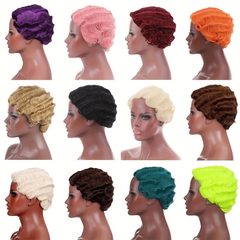 15 24 Cm Short Water Wave Pixie Cut Wigs for Women Synthetic Fiber None Lace