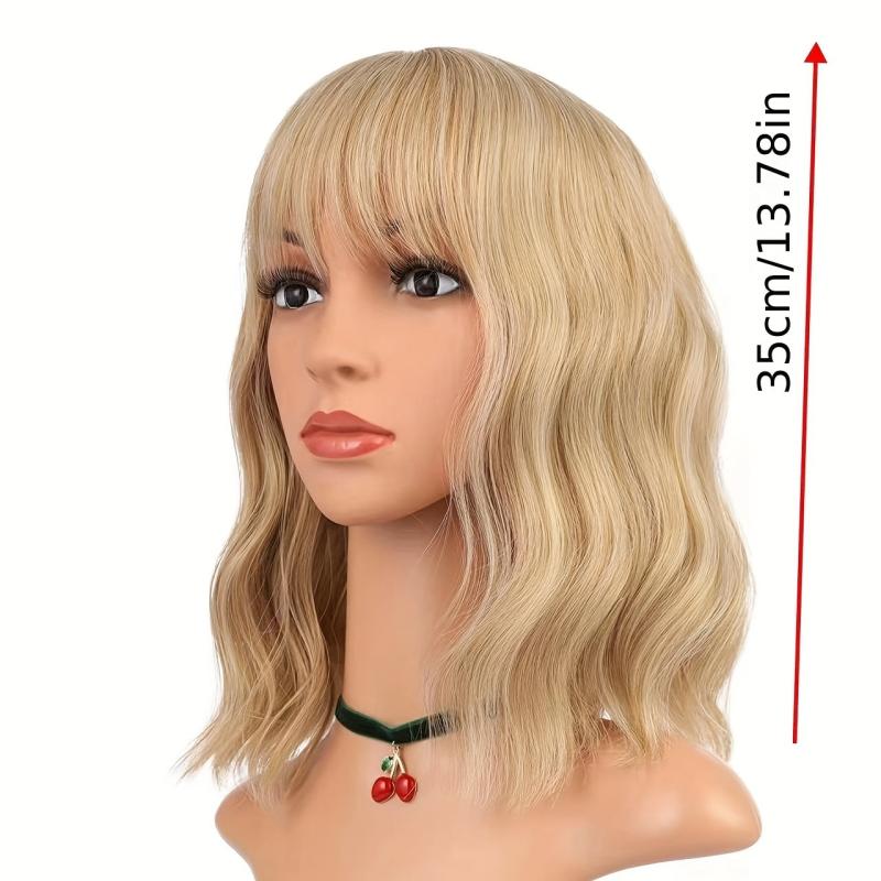 35 56 Cm Pink Bob Wavy Hair Wigs Shoulder Length Wavy Curly Hair Wigs With Bangs