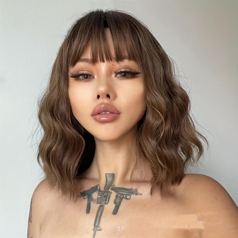 35 56 Cm Pink Bob Wavy Hair Wigs Shoulder Length Wavy Curly Hair Wigs With Bangs