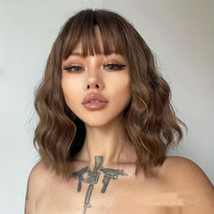 35 56 Cm Pink Bob Wavy Hair Wigs Shoulder Length Wavy Curly Hair Wigs With Bangs