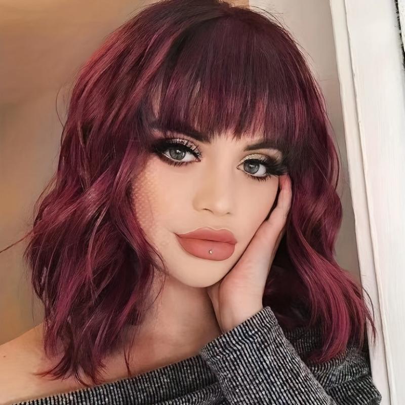35 56 Cm Pink Bob Wavy Hair Wigs Shoulder Length Wavy Curly Hair Wigs With Bangs