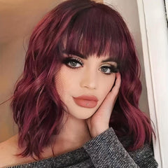 35 56 Cm Pink Bob Wavy Hair Wigs Shoulder Length Wavy Curly Hair Wigs With Bangs