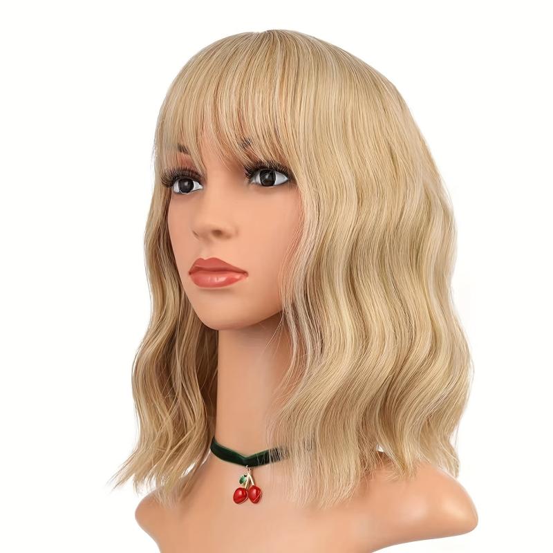35 56 Cm Pink Bob Wavy Hair Wigs Shoulder Length Wavy Curly Hair Wigs With Bangs
