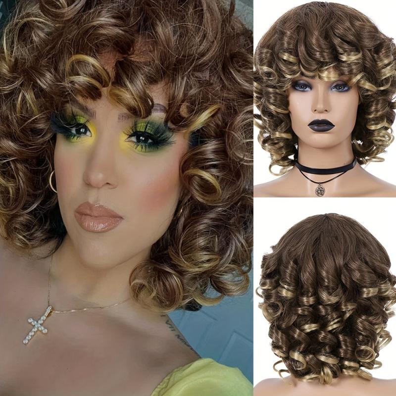 Short Afro Curly Wig With Bangs 2 Tone Big Bouncy Fluffy Curly Wig 12Inch
