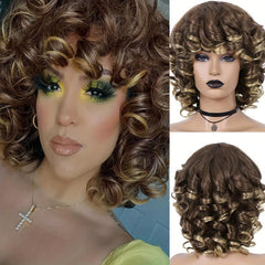 Short Afro Curly Wig With Bangs 2 Tone Big Bouncy Fluffy Curly Wig 12Inch