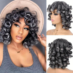 Short Afro Curly Wig With Bangs 2 Tone Big Bouncy Fluffy Curly Wig 12Inch